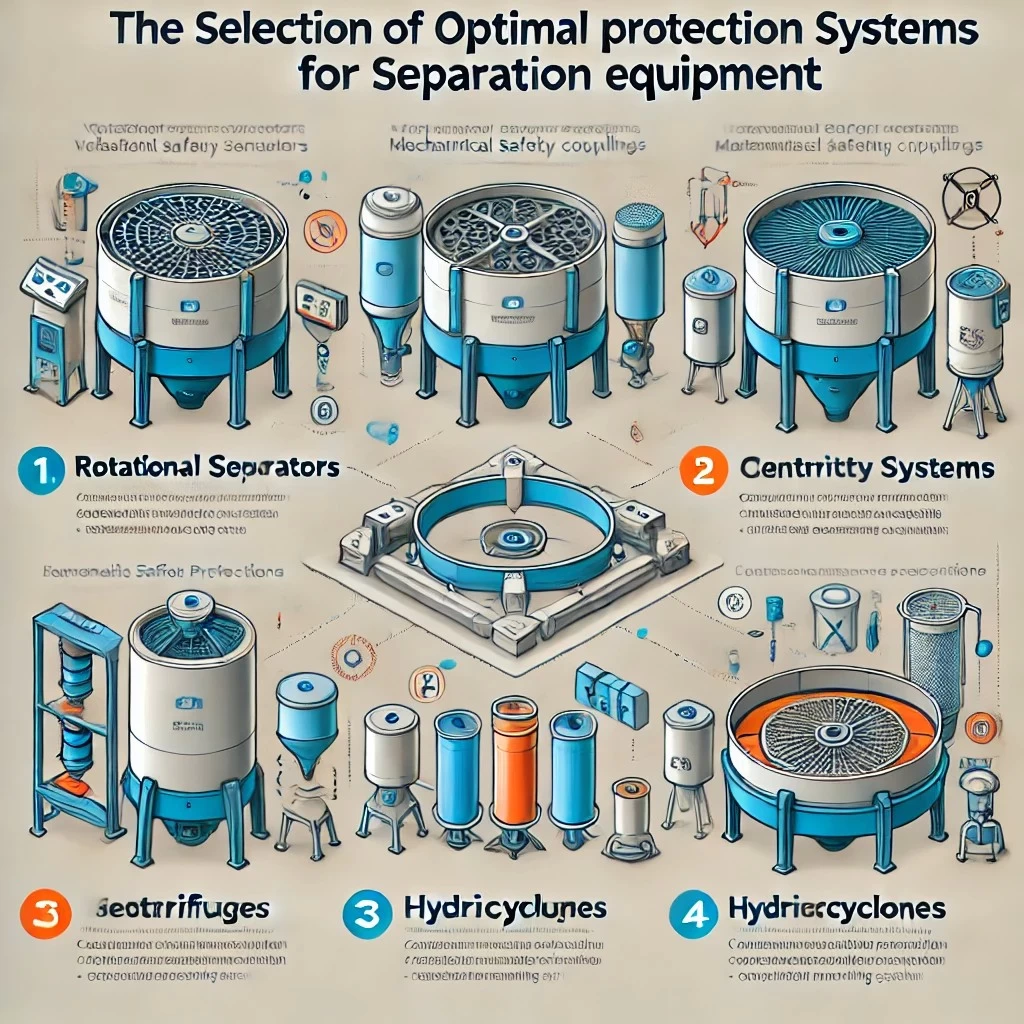 инфографика, иллюстрирующая выбор оптимальной системы защиты для сепарационного оборудования. Она включает основные рекомендации для ротационных сепараторов, центрифуг, гидроциклонов и высоконагруженных промышленных сепараторов.