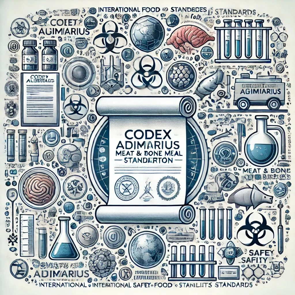 изображение, иллюстрирующее стандарты Codex Alimentarius для мясокостной муки. Оно демонстрирует ключевые аспекты, такие как контроль биологических, химических и физических загрязнений, а также акцент на международных рекомендациях по безопасности продукции.