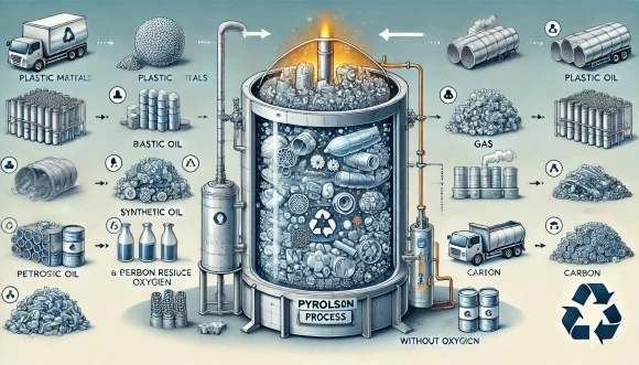 научная иллюстрация, демонстрирующая процесс пиролиза пластиковых отходов в высокотемпературном герметичном реакторе. Наглядно показано разложение на синтетическое масло, газ и углеродный остаток без кислорода, а также маркированные побочные продукты для различных промышленных применений.