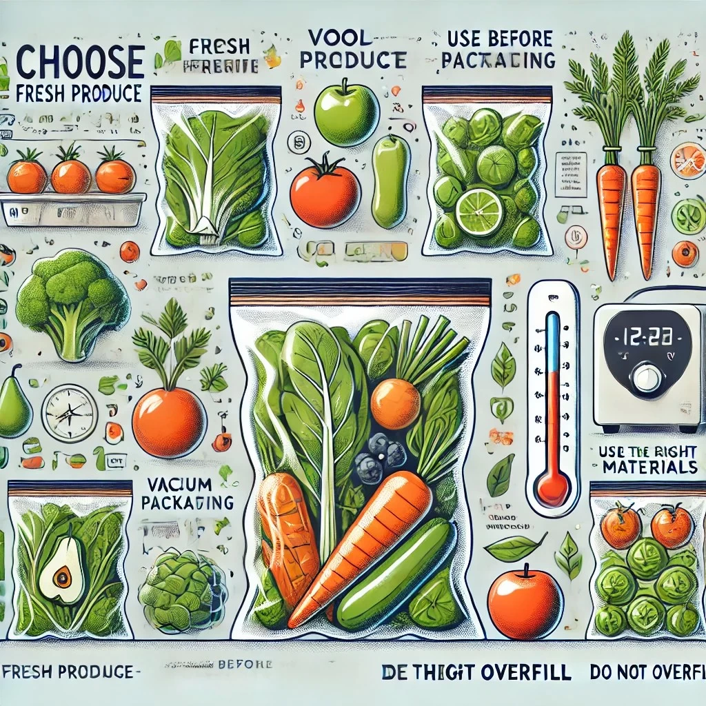 Вот изображение, которое иллюстрирует советы по вакуумной упаковке овощей и фруктов, включая выбор свежих продуктов, охлаждение перед упаковкой, использование подходящих материалов и соблюдение правильного объема упаковки.