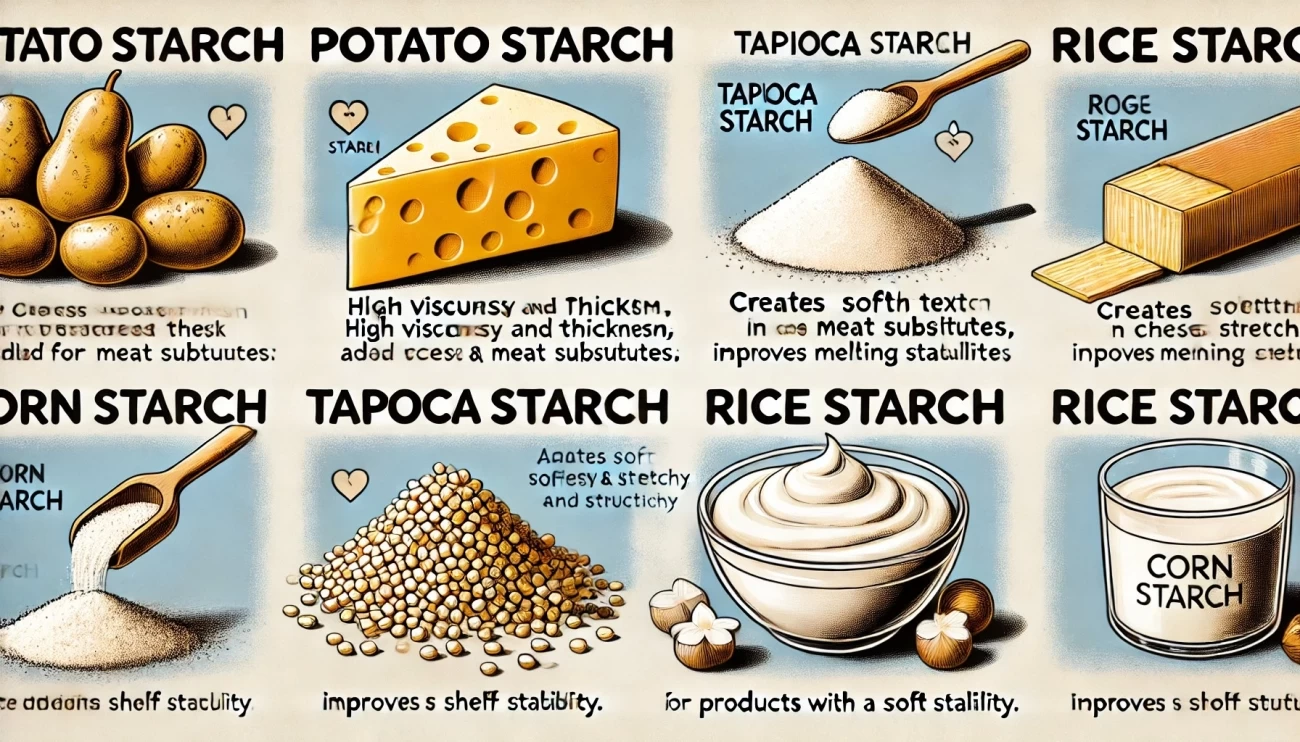 информативная иллюстрация, изображающая различные типы крахмалов, используемых в веганских продуктах, а также уникальные свойства каждого крахмала и соответствующие изображения продукта