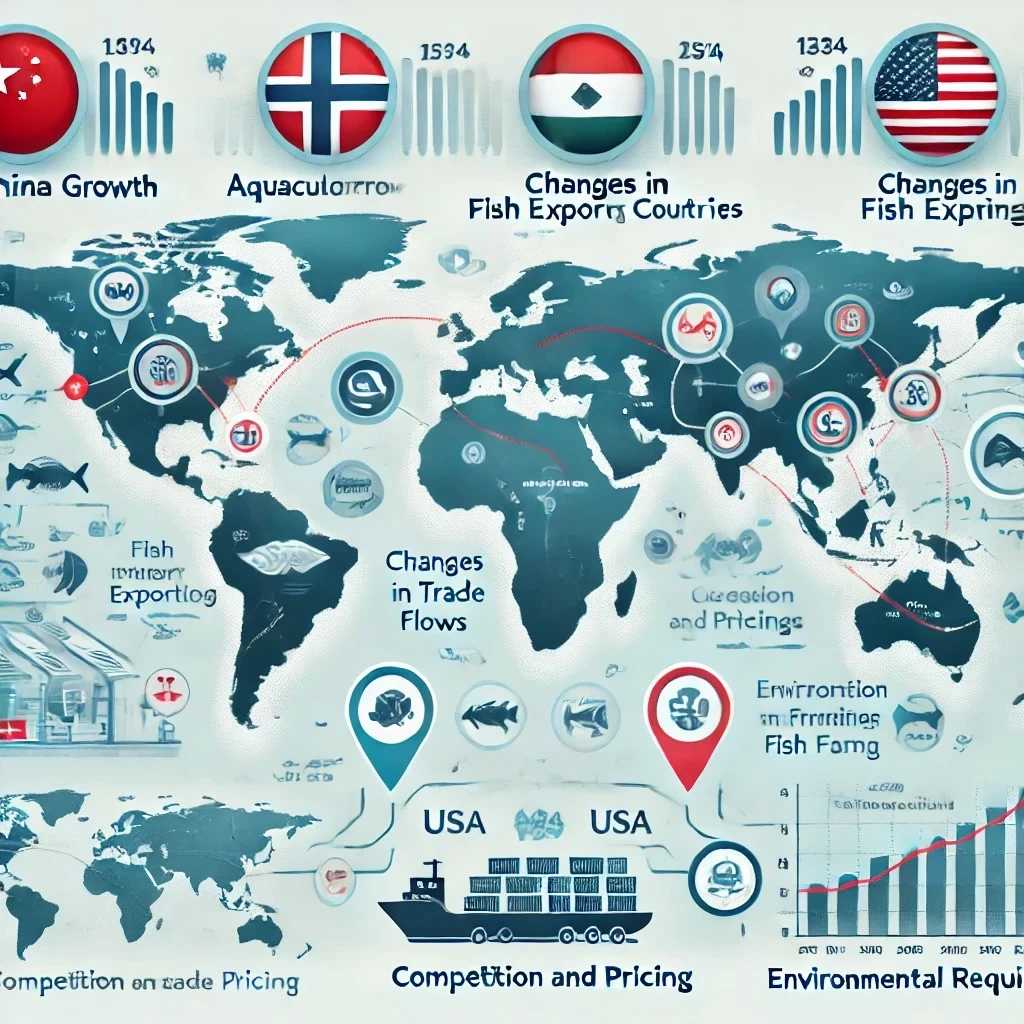 инфографика, иллюстрирующая влияние крупнейших экспортеров рыбы на мировой рынок. Она включает основные страны-поставщики, ключевые тенденции и их визуальное представление.