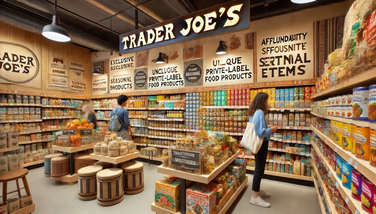 фотография, на которой запечатлен уютный интерьер магазина Trader Joe's, демонстрирующий его уникальные продукты под собственной торговой маркой с сезонными и этническими вариациями на дисплее.