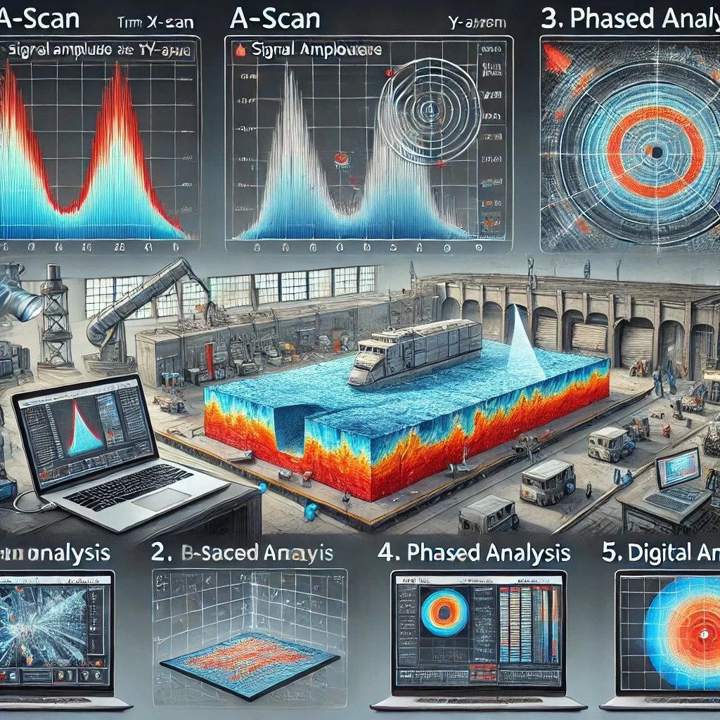 изображение, демонстрирующее различные методы интерпретации результатов ультразвукового контроля, включая А-скан, В-скан, С-скан, фазированные решётки и цифровой анализ.