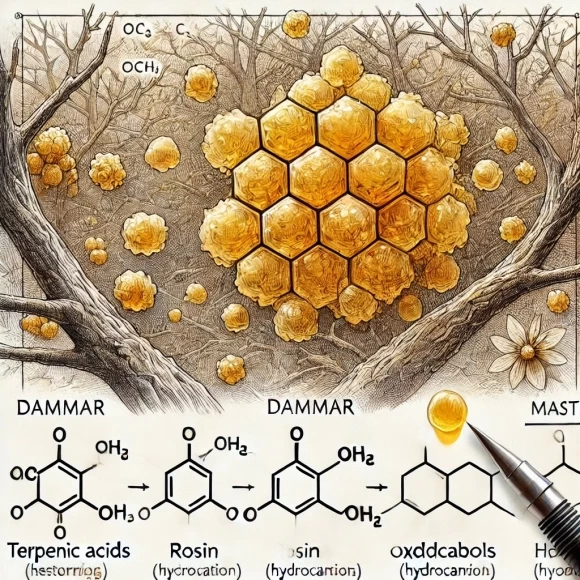 иллюстрация, показывающая химический состав даммара, включая терпеновые кислоты, эфиры и углеводороды. Также добавлено сравнение с канифолью и мастикой по кислотности и устойчивости к окислению.