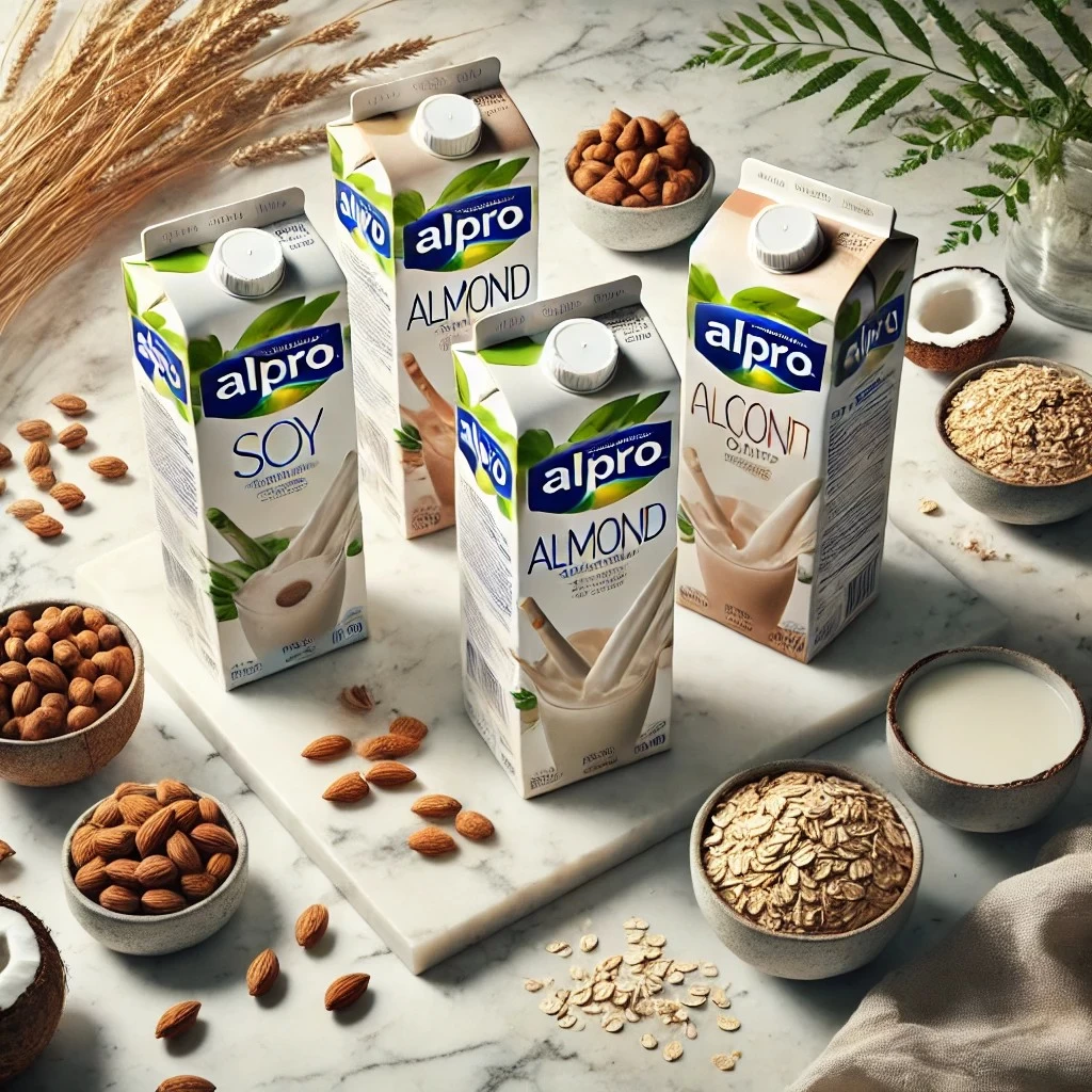 На изображении представлена композиция с продукцией бренда Alpro, специализирующегося на растительных напитках. Упаковки продуктов аккуратно расположены на белом мраморном фоне. Рядом с ними разложены свежие ингредиенты: соевые бобы, миндаль, кокос, овёс и фундук, что подчеркивает натуральность компонентов. Свет мягкий, естественный, создающий чистую и минималистичную атмосферу, подчеркивающую экологичность и премиальное качество продуктов.