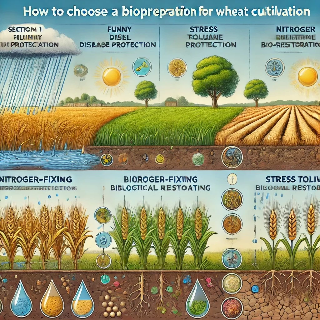 На изображении представлен образовательный инфографик, разделённый на четыре части, каждая из которых иллюстрирует аспекты выбора биопрепаратов для пшеницы