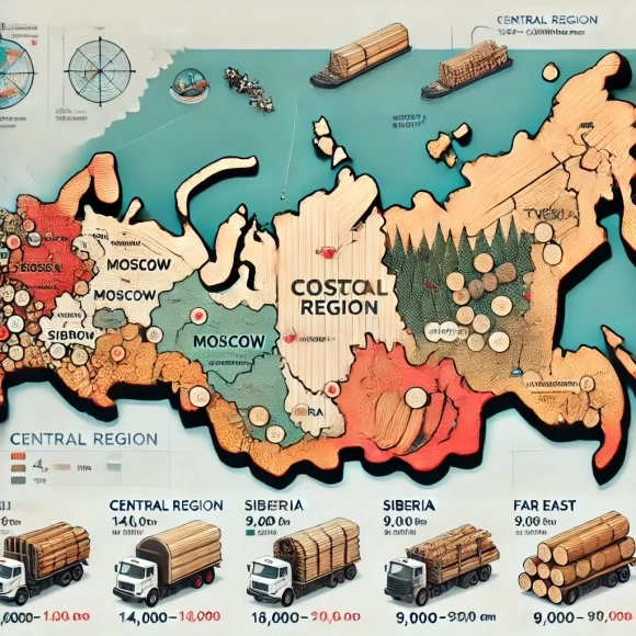 На изображении представлена карта России, где выделены ключевые регионы, связанные с динамикой цен на древесину в 2024 году