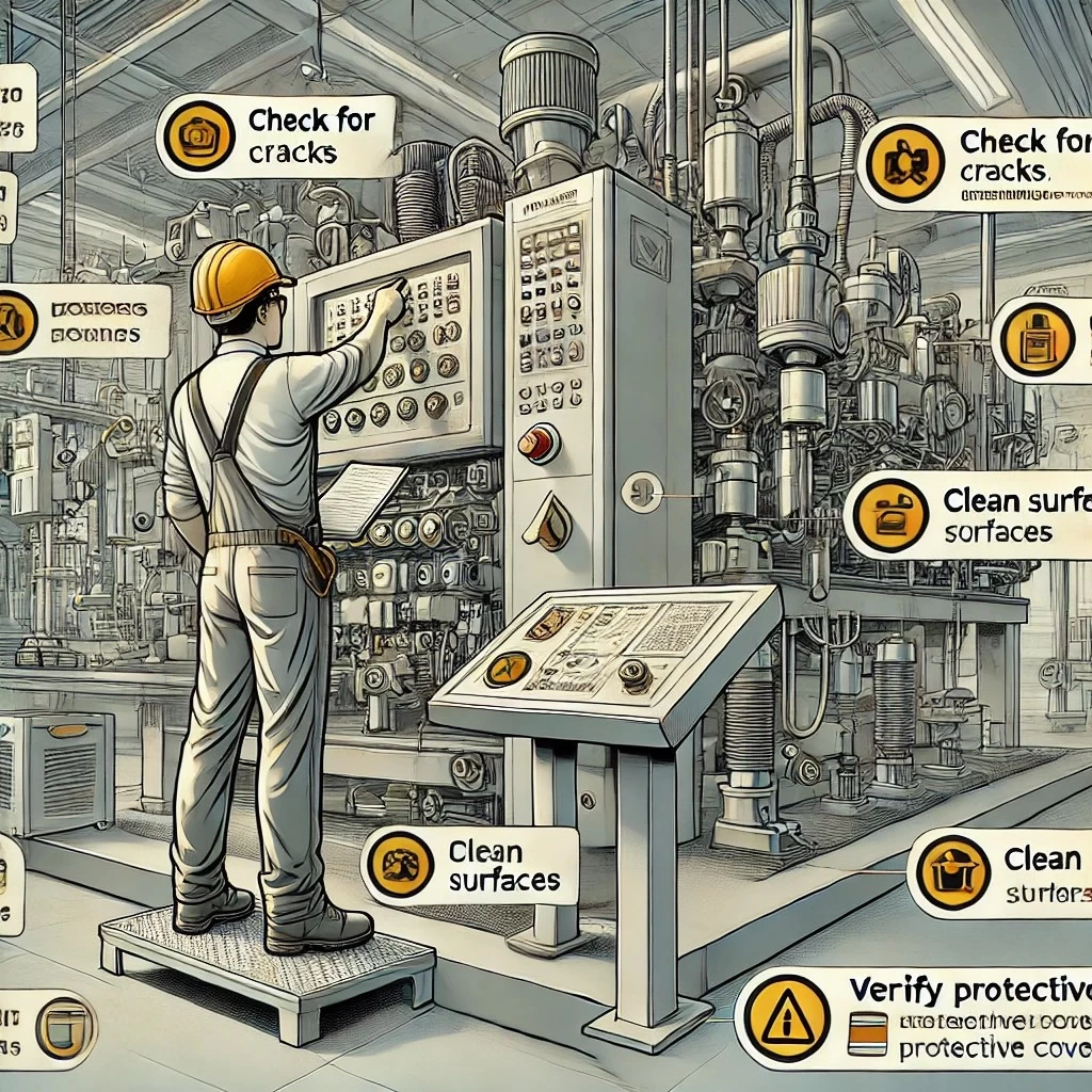 иллюстрация, показывающая, как рабочий осматривает оборудование в промышленных условиях, уделяя особое внимание проверке на наличие повреждений, чистоты и защитных кожухов.