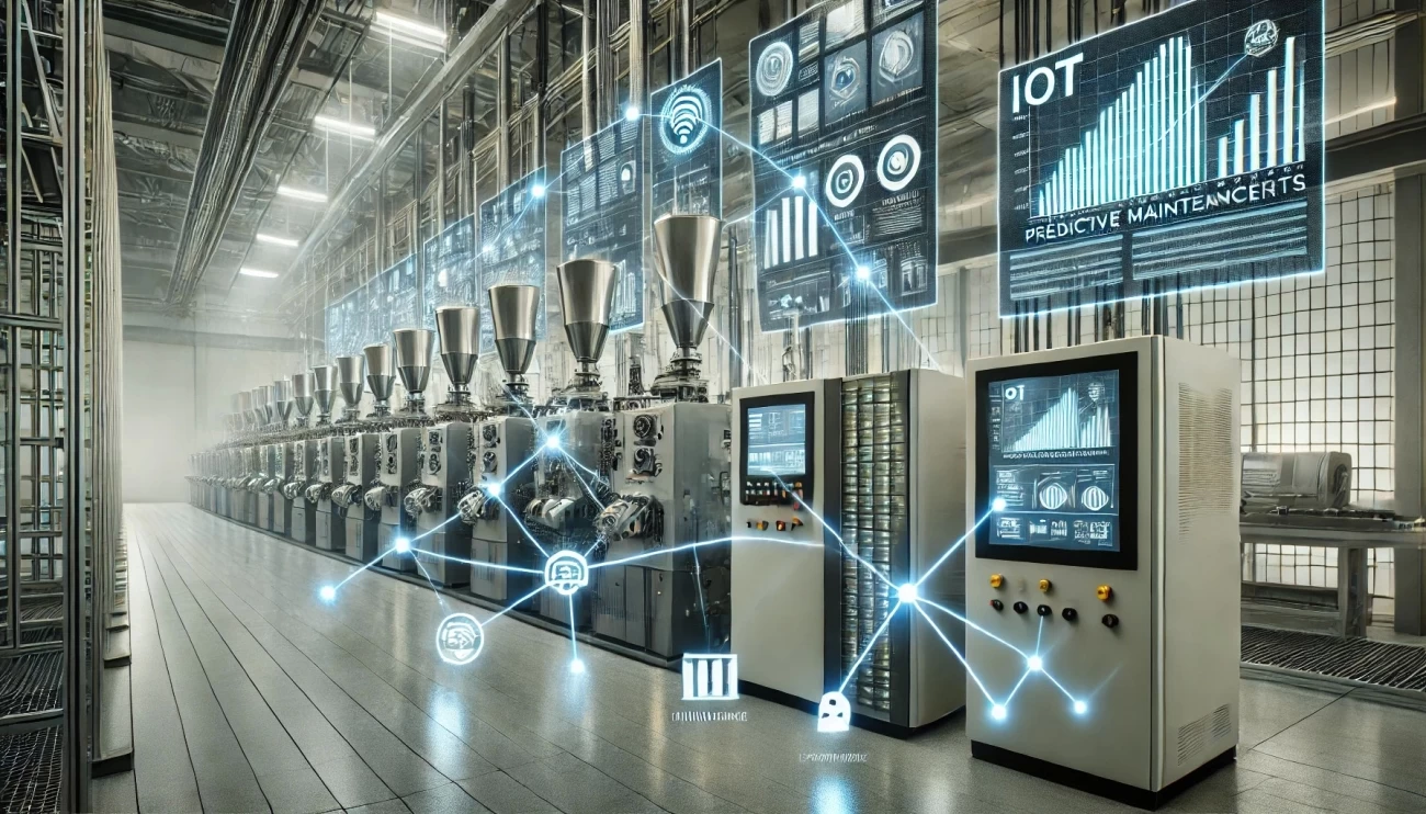 изображение современного промышленного объекта с экструдерами, интегрированными с системой IoT для мониторинга в реальном времени, предиктивного обслуживания и централизованного управления