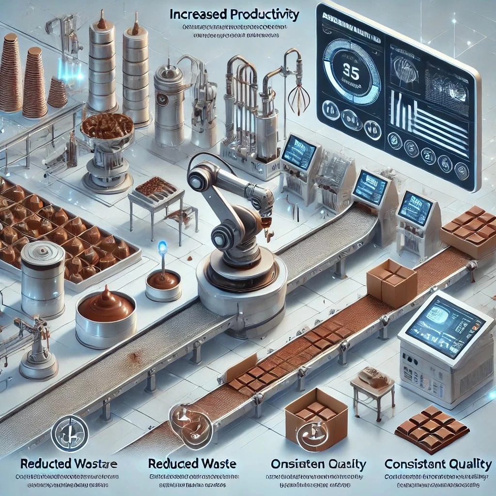 изображение, иллюстрирующее преимущества автоматизированных линий для производства шоколада. Оно включает роботизированные системы, автоматизированные конвейеры и цифровой контроль качества, подчеркивая ключевые выгоды таких технологий.