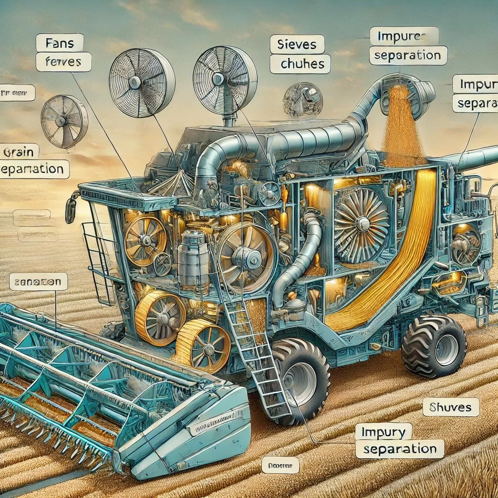 изображение системы очистки и сепарации комбайна, показывающее основные компоненты, такие как вентиляторы, решета и каналы очистки. Это поможет визуально понять, как работает этот важный узел техники. 