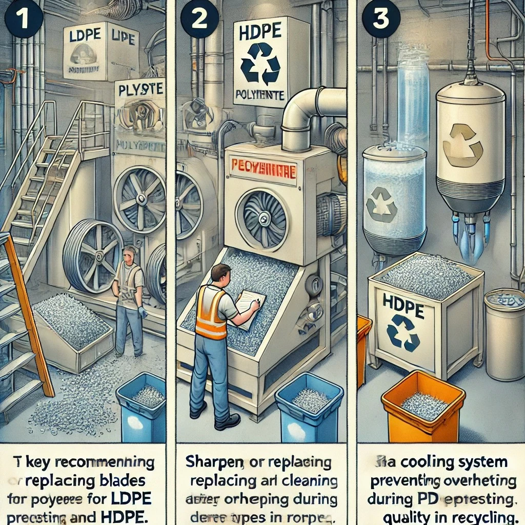 иллюстрация, которая демонстрирует рекомендации по эксплуатации дробильного оборудования для полиэтилена, включая обслуживание ножей и ротора, системы охлаждения и сортировку материалов.