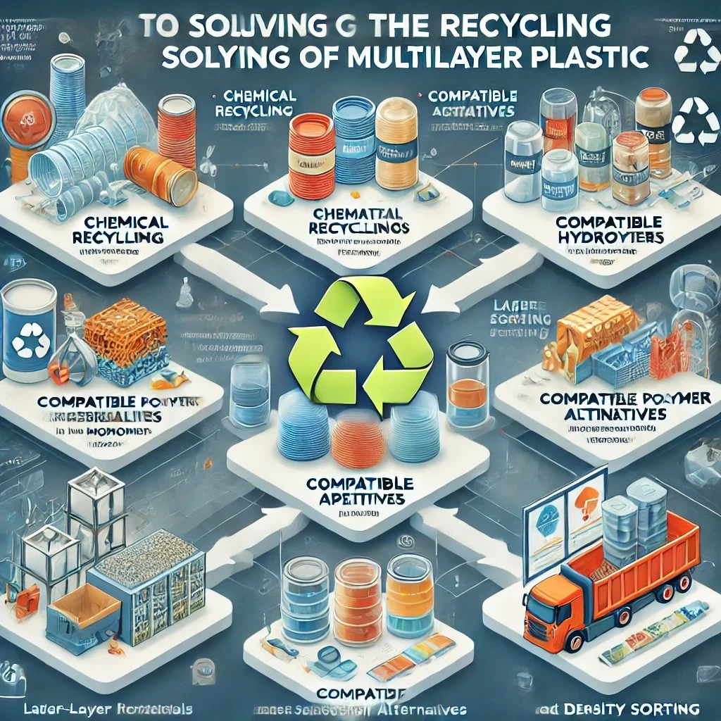 изображение, иллюстрирующее различные подходы к решению проблемы переработки многослойного пластика, включая химическую переработку, совместимые добавки, монослойные альтернативы и технологии сепарации.