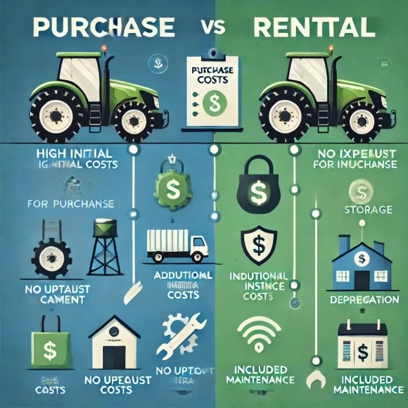 На изображении представлен сравнительный график затрат на покупку и аренду трактора. Левая часть посвящена покупке: показаны значительные первоначальные вложения, дополнительные расходы на обслуживание, страхование и хранение, а также амортизация, отображенная в виде графика с падающей линией. Правая часть посвящена аренде: акцент сделан на гибкость оплаты, отсутствие крупных начальных затрат и включенные в стоимость обслуживания. Изображение выполнено в современном и чистом стиле с использованием иконок и поясняющего текста для наглядности.
