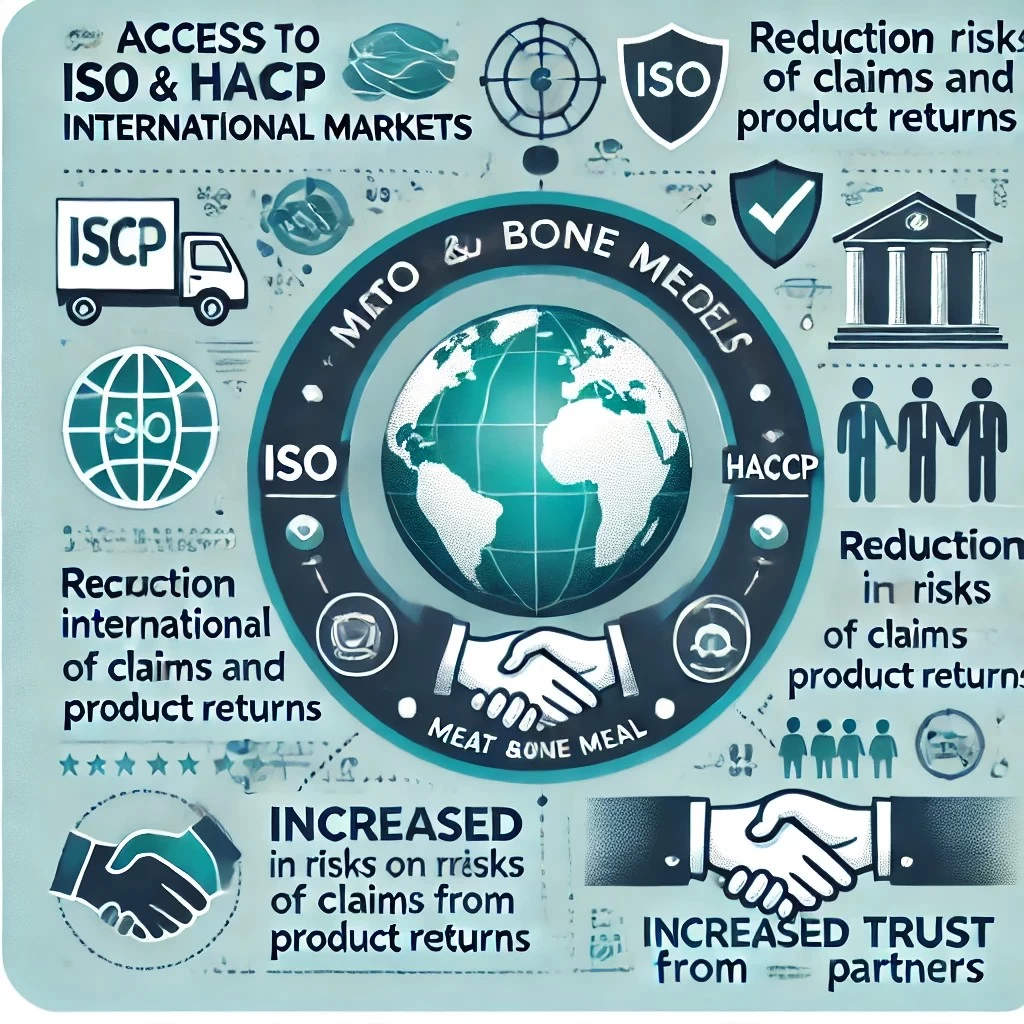 Изображение, иллюстрирующее преимущества сертификации по стандартам ISO и HACCP для производства мясокостной муки. Оно акцентирует внимание на ключевых аспектах: доступ к международным рынкам, снижение рисков претензий и возвратов продукции, а также повышение доверия со стороны потребителей и партнеров.