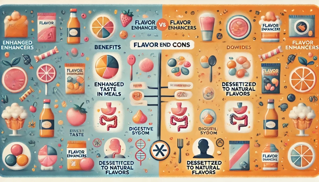 изображение в стиле инфографики, иллюстрирующее плюсы и минусы усилителей вкуса в диетах
