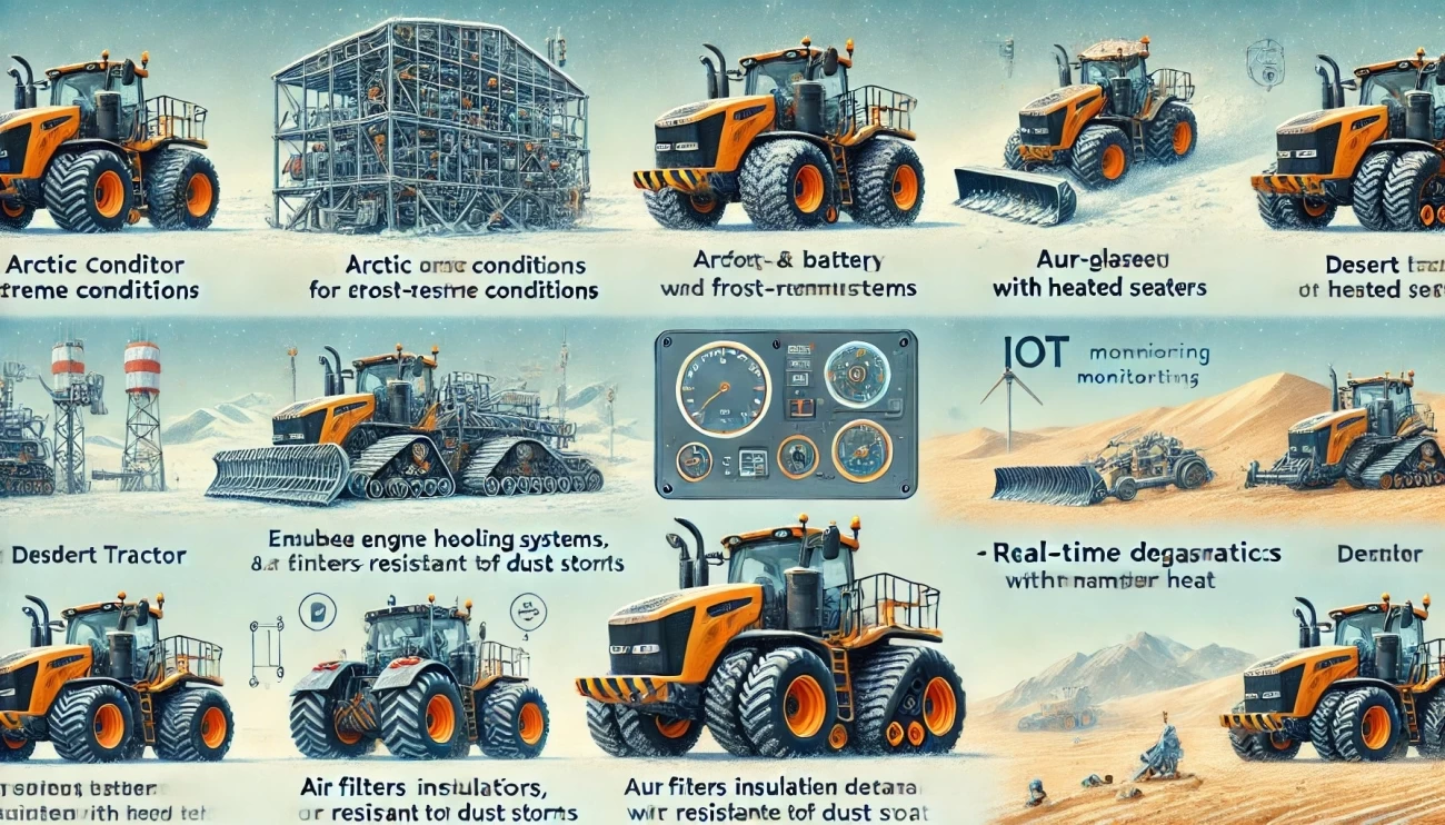 На изображении представлены тракторы, адаптированные для работы в экстремальных климатических условиях