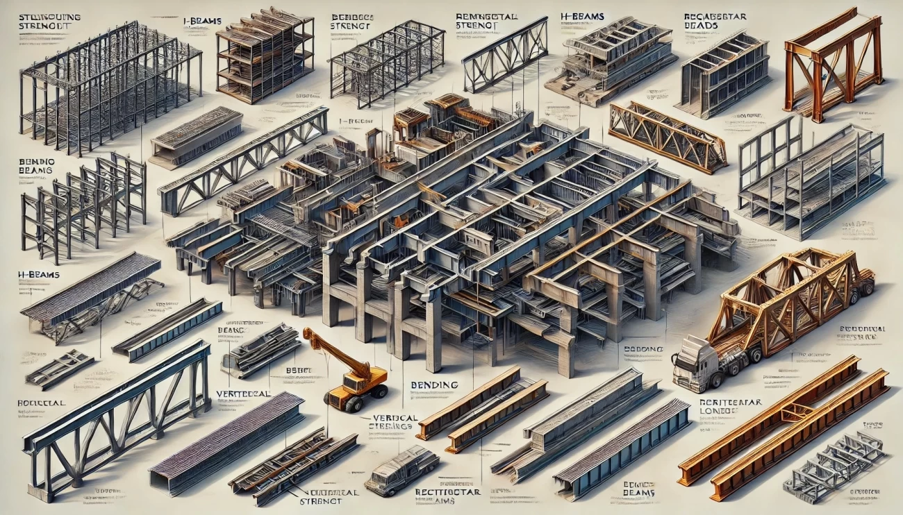 различные типы балок и их применение в строительных каркасах зданий и мостов, подчеркивая их прочность и устойчивость к нагрузкам
