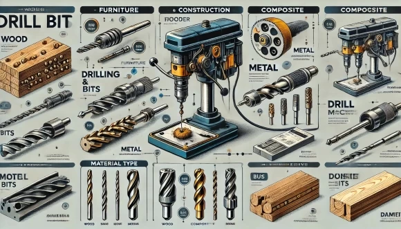 Изображение показывает сверлильно-присадочные станки с различными типами сверл для работы с деревом, металлом и композитами, подчеркивая их конструктивные особенности и материалы. 