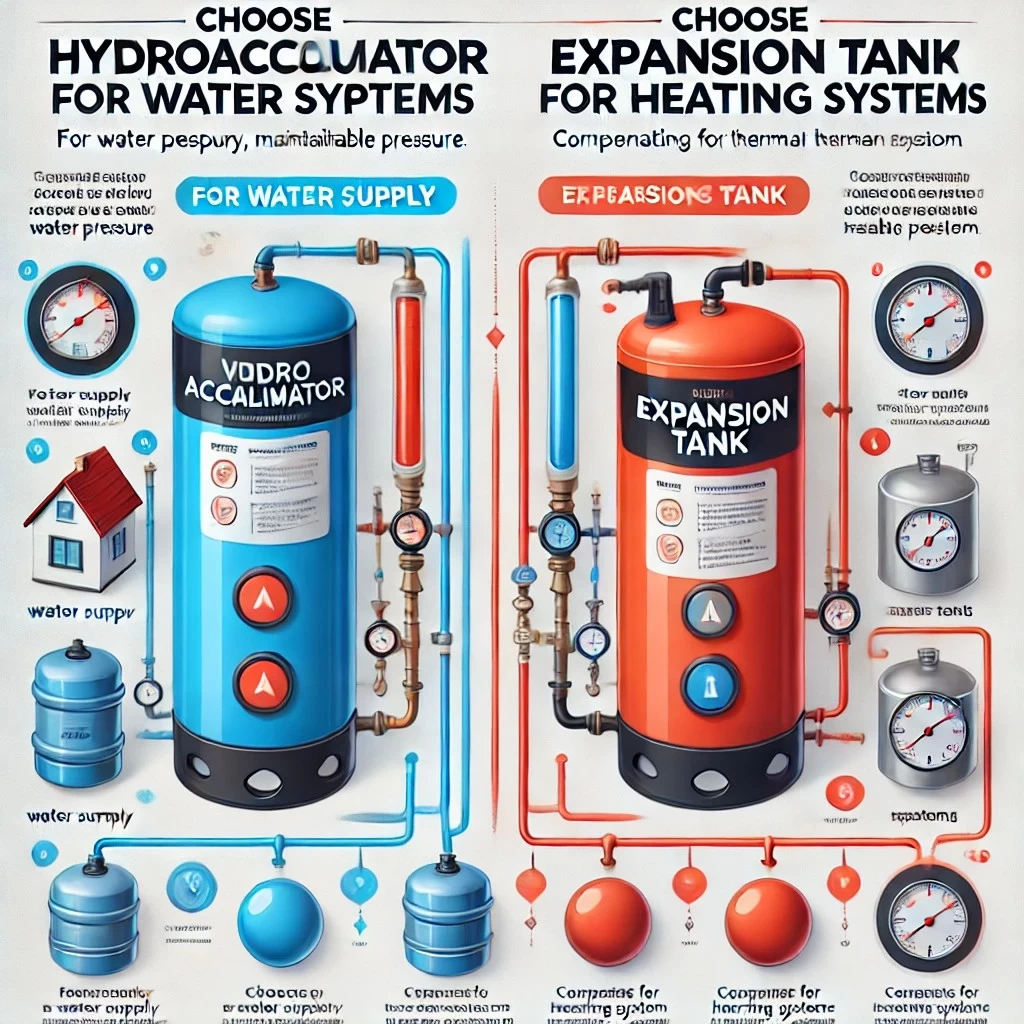 инфографика, сравнивающая гидроаккумулятор и расширительный бак для домашнего использования. Левая часть показывает гидроаккумулятор для водоснабжения, а правая — расширительный бак для системы отопления. В центре размещены рекомендации по выбору.