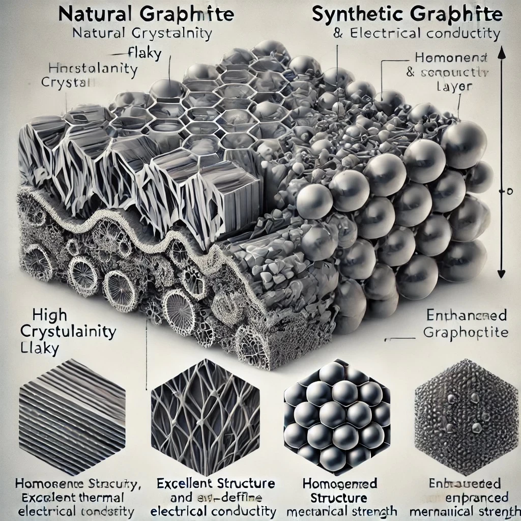 научная иллюстрация, сравнивающая кристаллические структуры природного и синтетического графита. На левом изображении показана слоистая, хлопьевидная структура природного графита с высокой степенью кристалличности, обеспечивающая отличные электрические и теплопроводные свойства. На правом изображении – более однородная и плотная структура синтетического графита, демонстрирующая повышенную механическую прочность и предсказуемые характеристики.