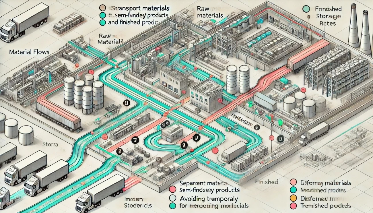 иллюстрация, показывающая разделение потоков сырья, полуфабрикатов и готовой продукции в заводской планировке.