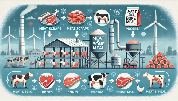 изображение, иллюстрирующее процесс производства мясокостной муки. Оно показывает переработку побочных продуктов животного происхождения в корм для сельскохозяйственных животных, таких как коровы, куры и свиньи.
