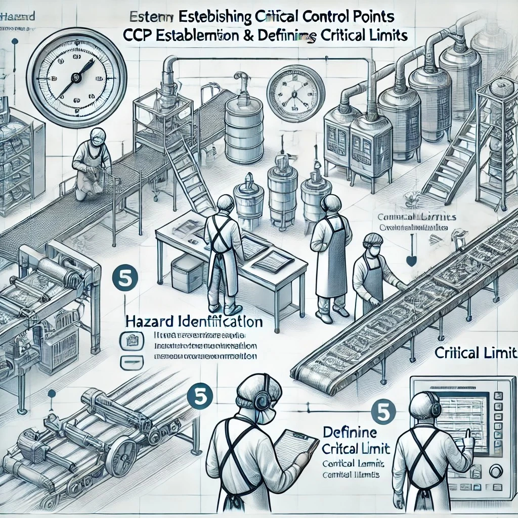 иллюстрация, посвященная установлению критических контрольных точек (ККТ) и определению критических пределов в управлении безопасностью пищевых продуктов, с пошаговыми визуальными эффектами.