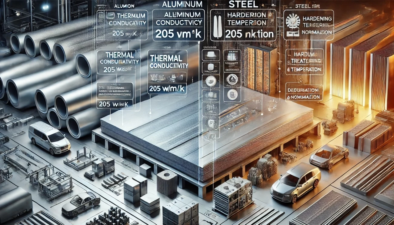 изображение, сравнивающее алюминий и сталь, подчеркивающее их тепловые свойства, области применения и процессы обработки. Оно демонстрирует различия в теплопроводности и области применения каждого материала.