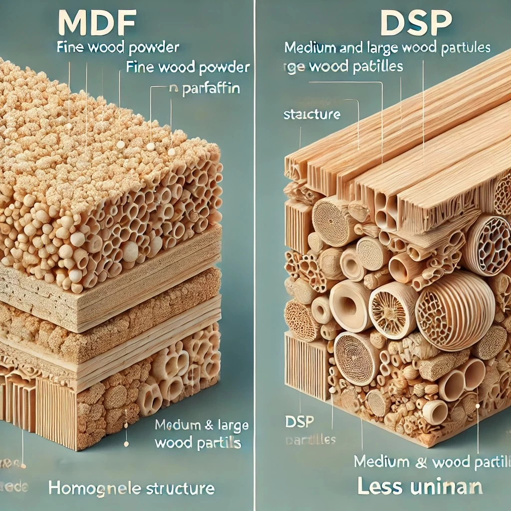 визуализация сравнения состава и структуры материалов МДФ и ДСП. На левой стороне показан МДФ с его однородной текстурой, а на правой — ДСП с менее однородной структурой и видимыми древесными частицами.