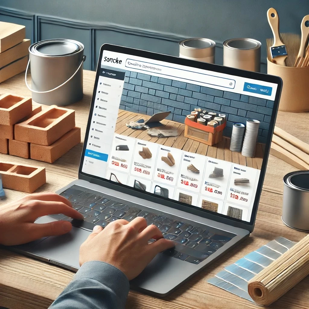 изображение, иллюстрирующее концепцию онлайн-покупки строительных материалов. Человек просматривает маркетплейс на ноутбуке, сравнивая цены на кирпичи, краску, деревянные доски и плитку. На заднем плане — инструменты и материалы для ремонта, создающие атмосферу домашнего обновления.