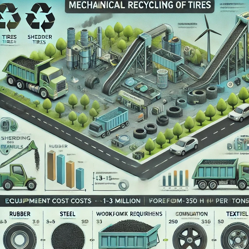 изображение, которое иллюстрирует механическую переработку шин, ключевые этапы процесса, а также экономический анализ. 