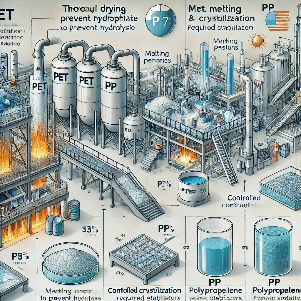 изображение, иллюстрирующее различия в переработке ПЭТ и полипропилена, включая этапы сушки, температурные режимы, скорость кристаллизации и устойчивость к деградации.