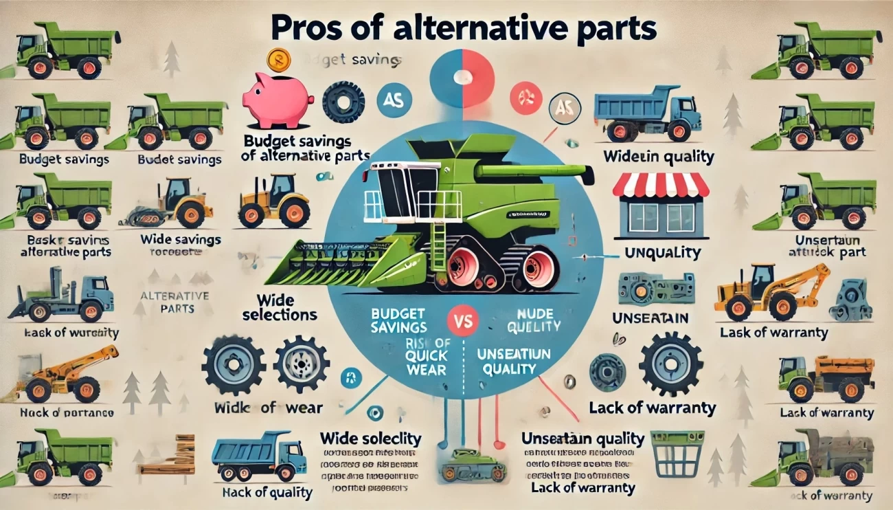инфографика, показывающая плюсы и минусы выбора альтернативных деталей для лесозаготовительного оборудования, с визуальными эффектами для выделения каждого пункта и текстом на русском языке, как вы просили.