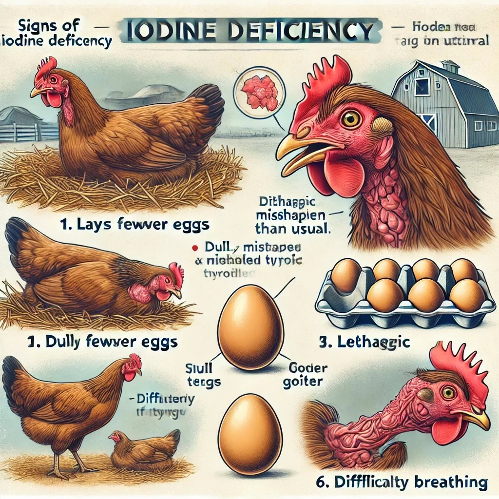 инфографика, иллюстрирующая признаки нехватки йода у кур. Она включает основные симптомы, такие как снижение яйценоскости, маленькие или деформированные яйца, ухудшение качества пера, вялость, увеличение щитовидной железы (зоб) и проблемы с дыханием.