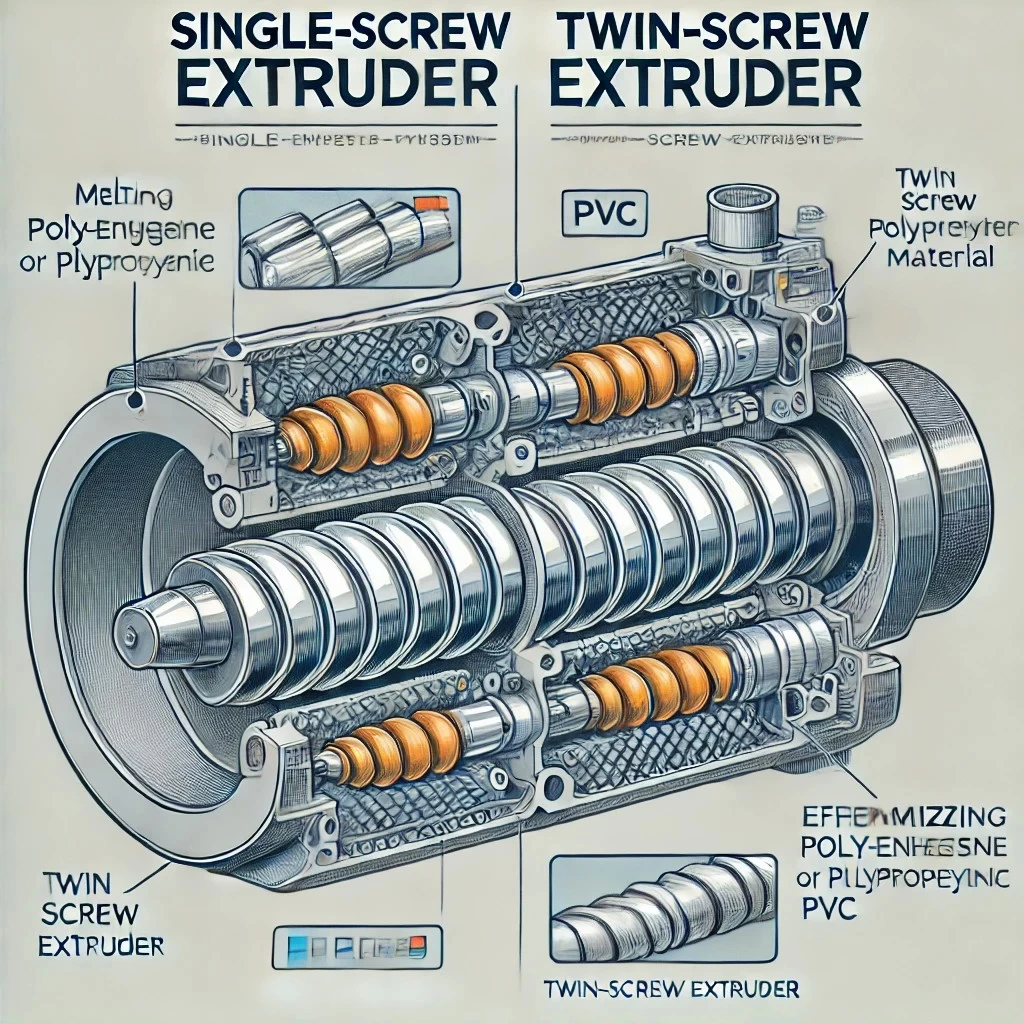 изображение, иллюстрирующее конфигурацию шнека экструдера, включая одношнековый и двухшнековый варианты