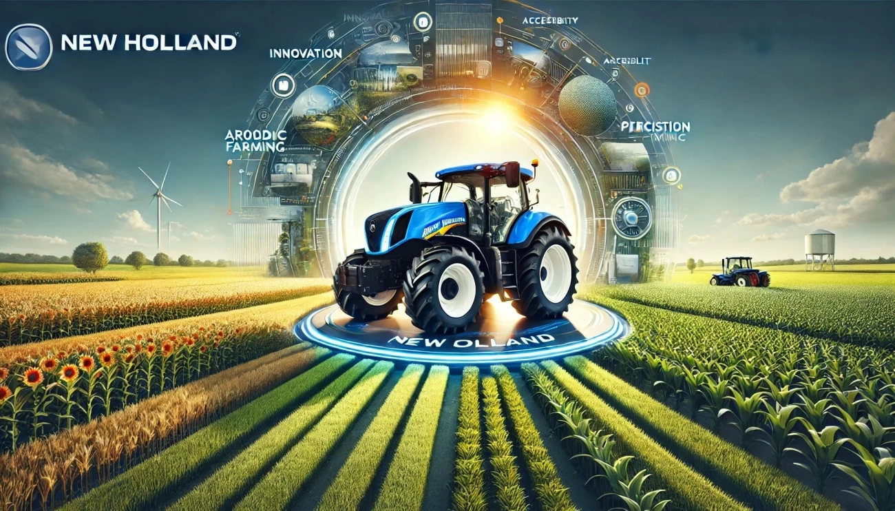 Изображение современного трактора New Holland, подчеркивающее инновации и доступность