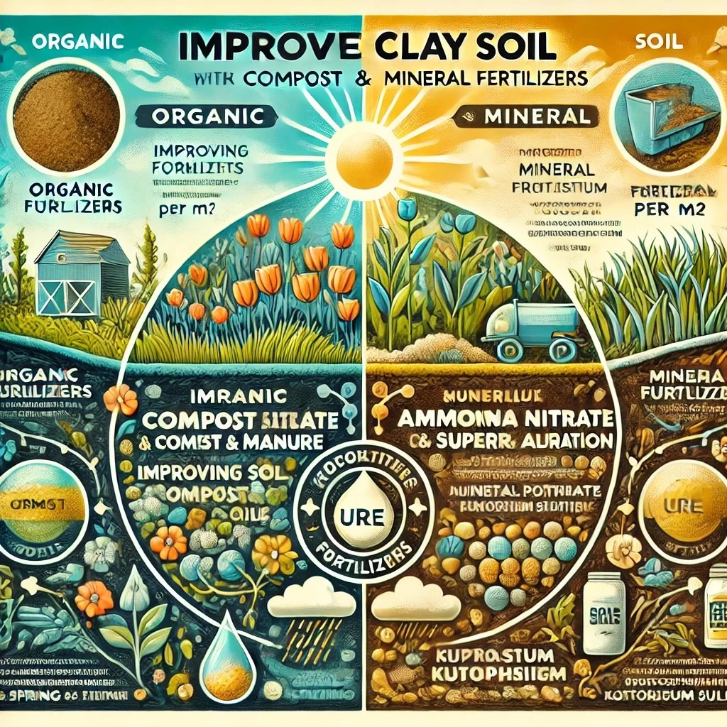 На изображении представлен образовательный инфографический материал, разделённый на две основные части: Органические удобрения и Минеральные удобрения