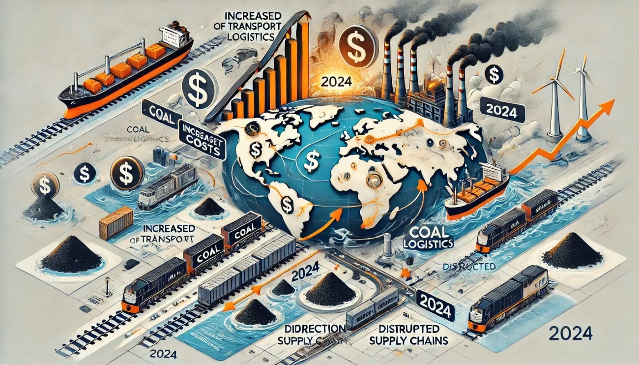 изображение, иллюстрирующее изменения в логистике угля в 2024 году, включая рост транспортных затрат, перенаправление поставок и сбои в цепочках поставок