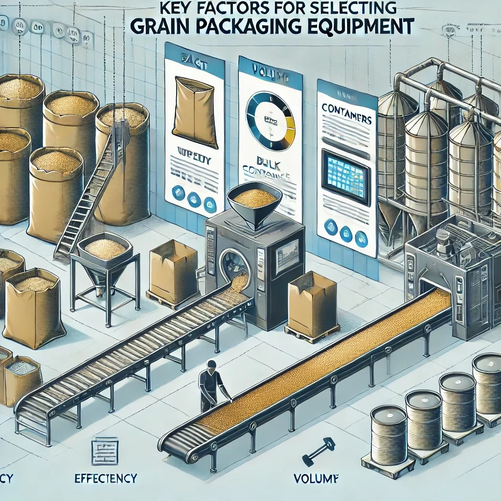 изображение, иллюстрирующее выбор упаковочного оборудования для зерна. Оно демонстрирует современное оборудование для упаковки и ключевые факторы, которые следует учитывать при выборе упаковочной линии.