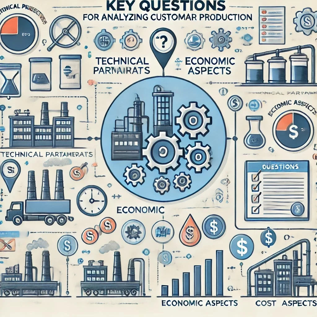 инфографика, иллюстрирующая ключевые вопросы для анализа требований заказчика в химическом производстве. Она разделена на две секции: «Технические параметры» и «Экономические аспекты», с соответствующими вопросами и визуальными элементами.