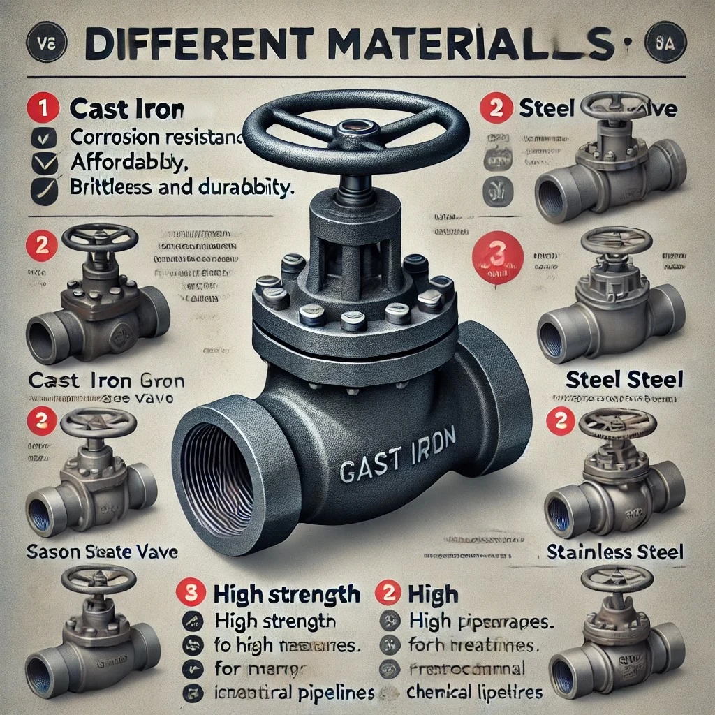 изображение, иллюстрирующее материалы корпусов задвижек (чугун и сталь), их преимущества, недостатки и сферы применения.