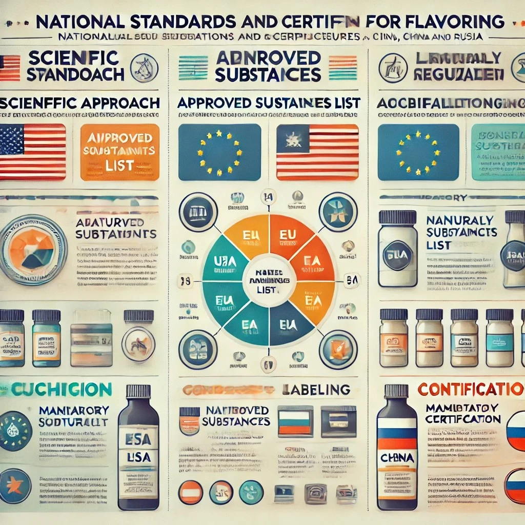 инфографика, сравнивающая национальные стандарты и процедуры сертификации для пищевых ароматизаторов. 