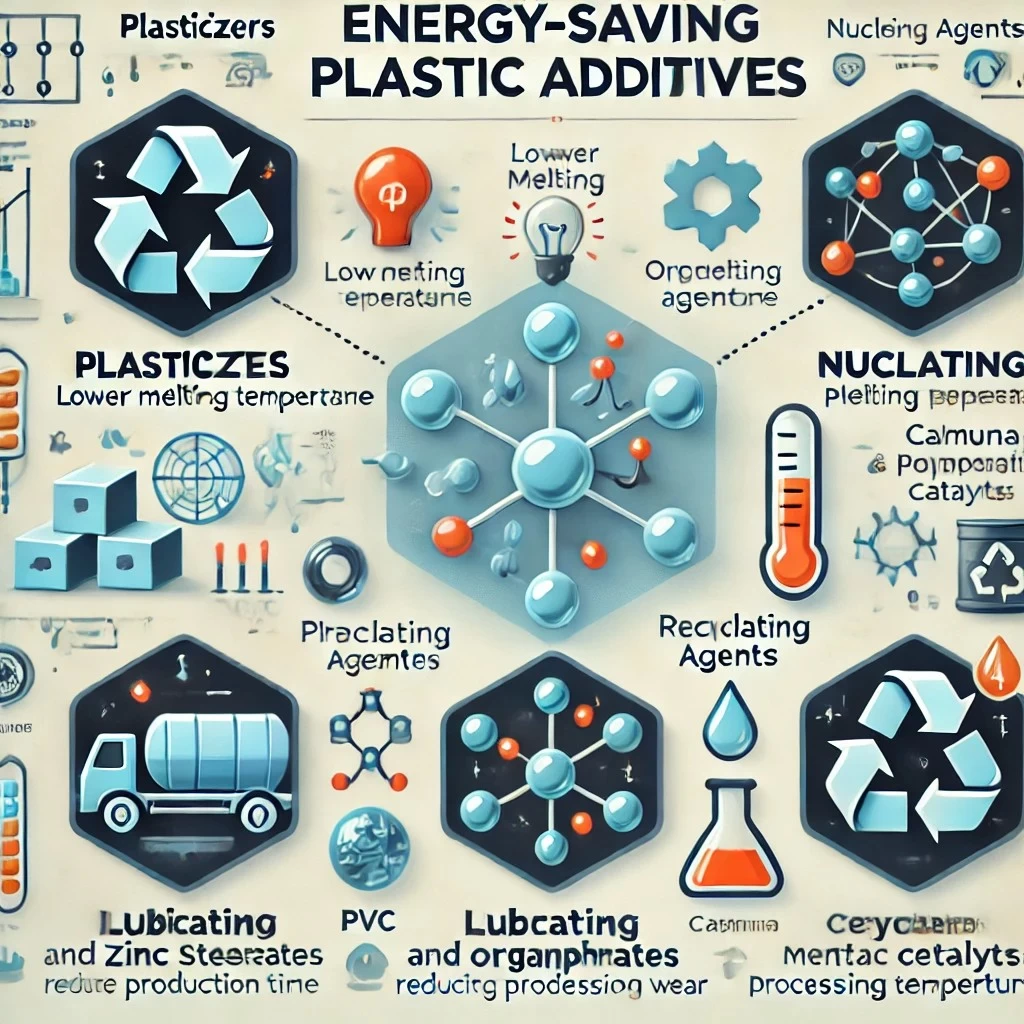 На изображении представлен инфографический стиль с визуальным описанием основных типов добавок для пластмасс, которые уменьшают энергозатраты