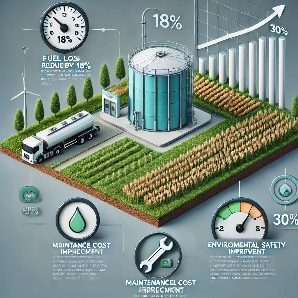 инфографика, демонстрирующая ключевые результаты внедрения системы хранения топлива: снижение потерь на 18%, уменьшение затрат на обслуживание на 30% и повышение экологической безопасности.