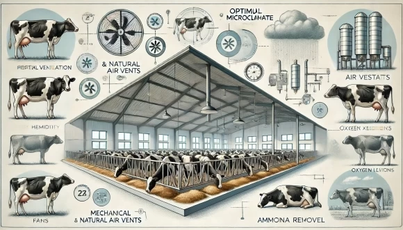 На изображении показан современный коровник, в котором созданы оптимальные условия для содержания крупного рогатого скота. Внимание уделено вентиляционным системам, таким как механические и естественные вентиляционные отверстия, вентиляторы и системы циркуляции воздуха, которые обеспечивают правильный микроклимат в помещении. Внутри коровника видны спокойные коровы, которые мирно пасутся и отдыхают, что символизирует благоприятные условия для их здоровья и продуктивности.