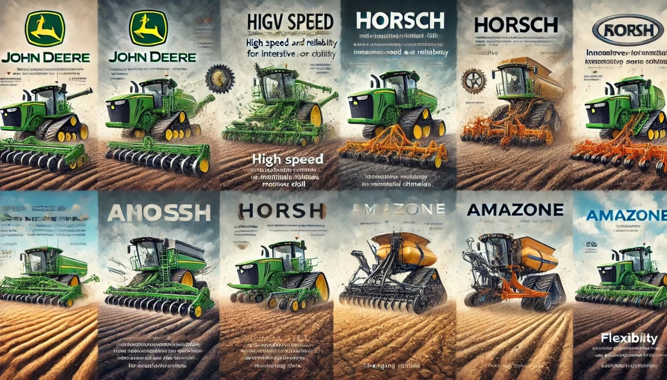 сравнение сеялок John Deere, Horsch и Amazone, показывая их адаптацию к различным типам почвы и климатическим условиям