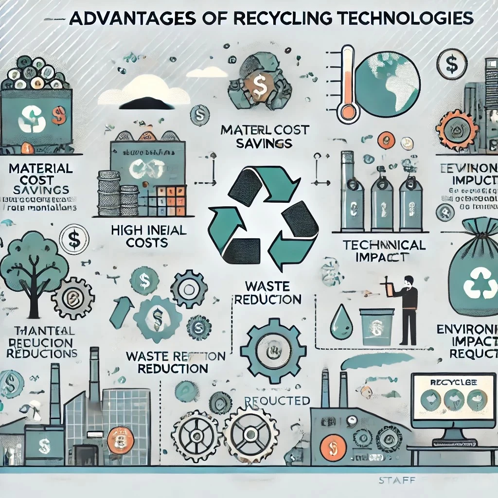 изображение, иллюстрирующее преимущества и сложности внедрения технологий переработки в производстве. Слева представлены преимущества, такие как экономия на сырье, уменьшение объема отходов и снижение воздействия на окружающую среду. Справа — сложности, включая высокие начальные затраты, технические трудности и необходимость обучения персонала. В центре изображен символ переработки для объединения темы.