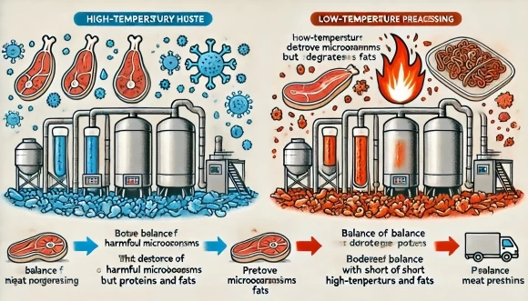 изображение, иллюстрирующее два метода переработки мясных отходов: традиционная высокотемпературная обработка и современный комбинированный низко- и высокотемпературный подход